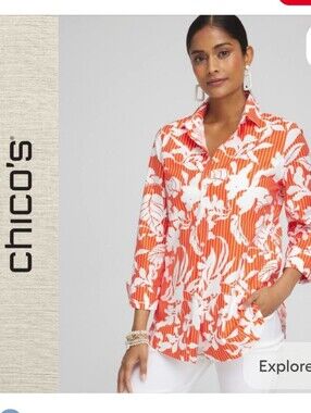 Chico's Orange and White Floral Orchid No Iron Button-Down Shirt Size 1 8